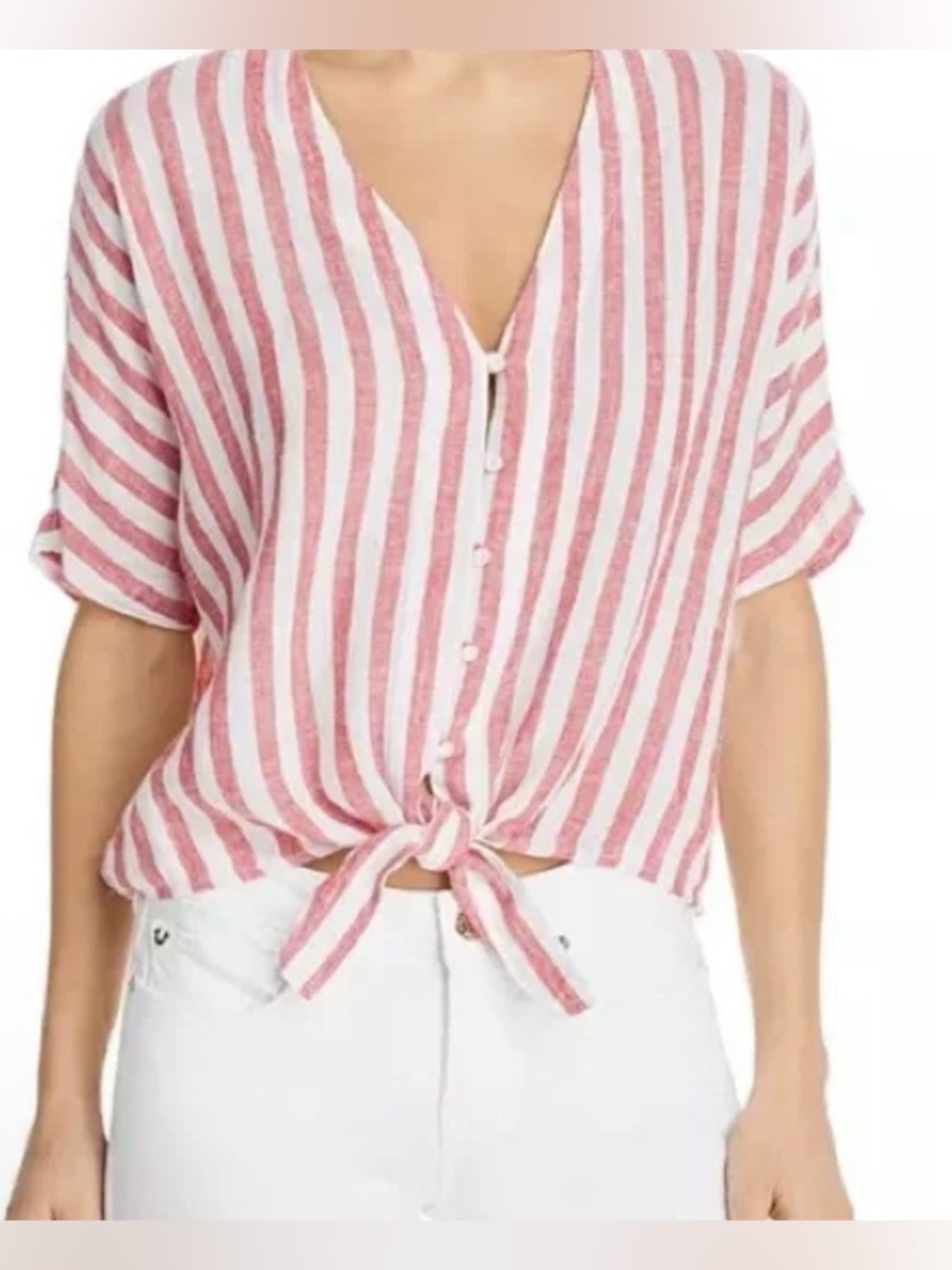 Rails Red and White Striped Linen Blend Button-Front Tie Hem Blouse - Size M